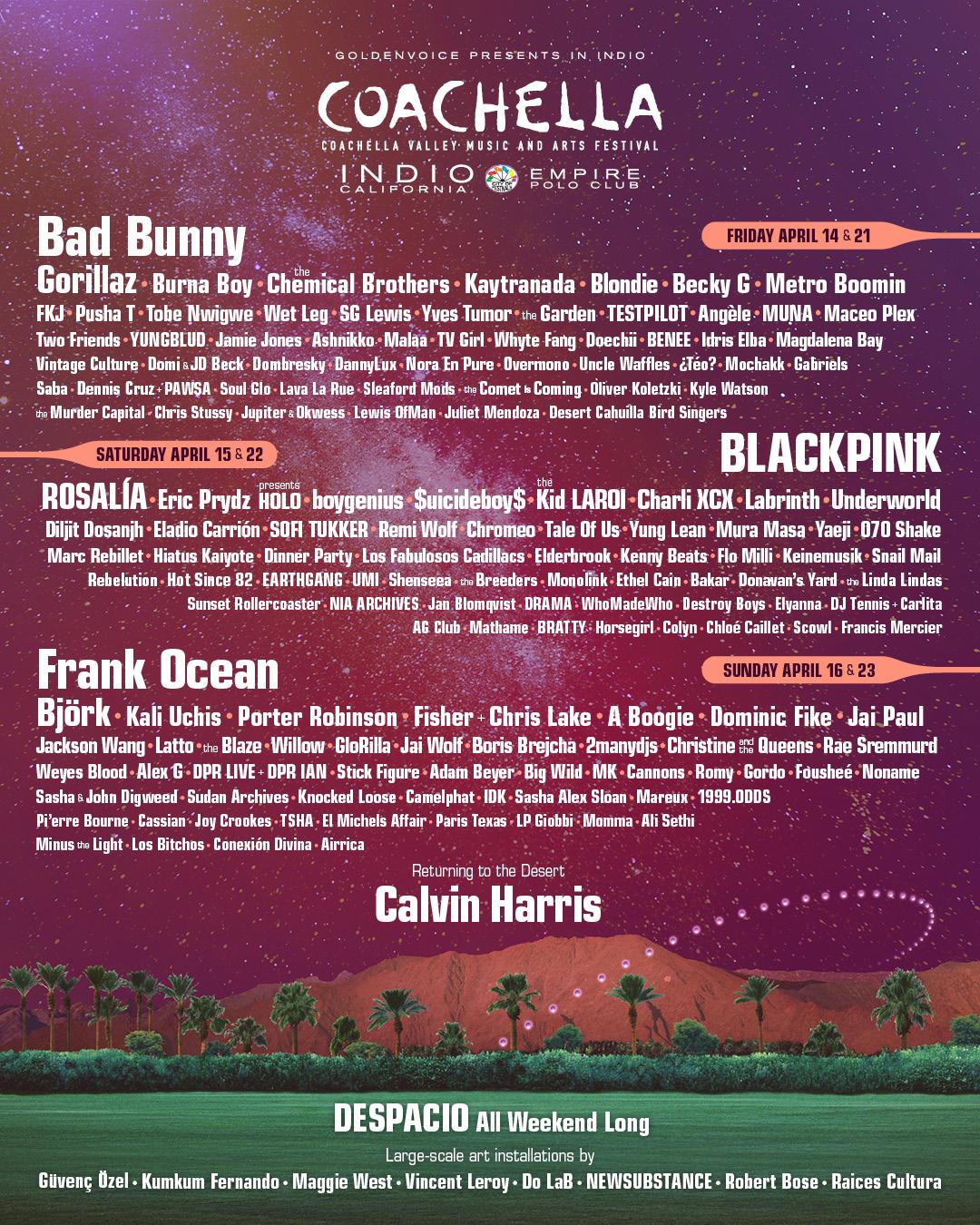 $!Bad Bunny, Blackpink y Frank Ocean encabezan cartel de Coachella 2023
