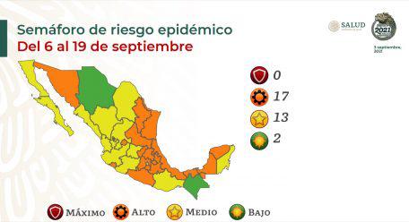 México, sin estados en color rojo del semáforo COVID; hay 17 entidades en naranja