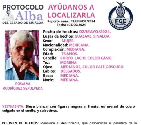 Desaparece mujer de 78 años en Guasave