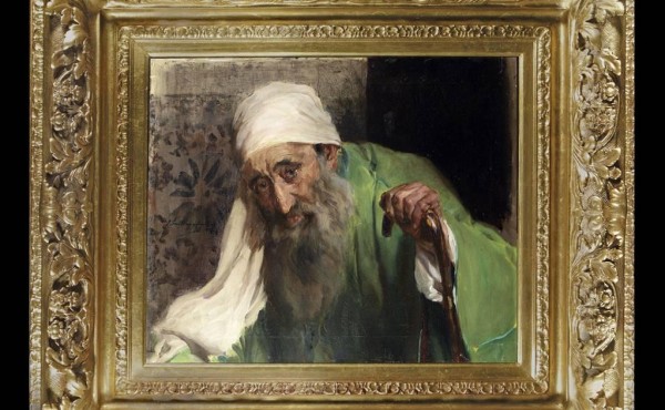 Esta inusual pintura muestra el rostro de un varón de edad avanzada, que lleva la cabeza cubierta por un turbante blanco y el cuerpo por una capa de color verde esmeralda.