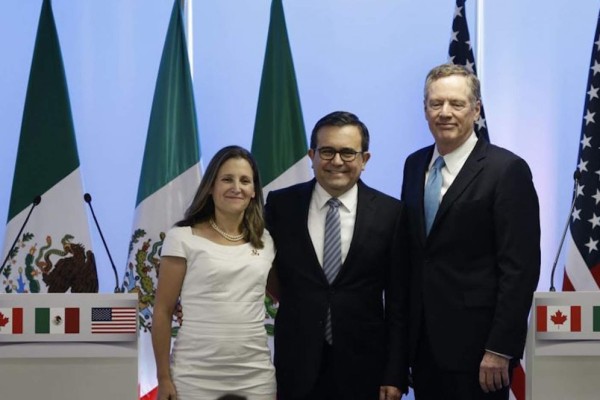 Ildefonso Guajardo (México), Chrystia Freeland (Canadá) y Robert Lighthizer (EU).