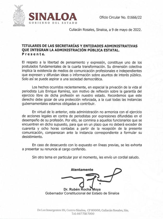 $!Gobernador de Sinaloa da a funcionarios 48 horas para retirar denuncias contra periodistas