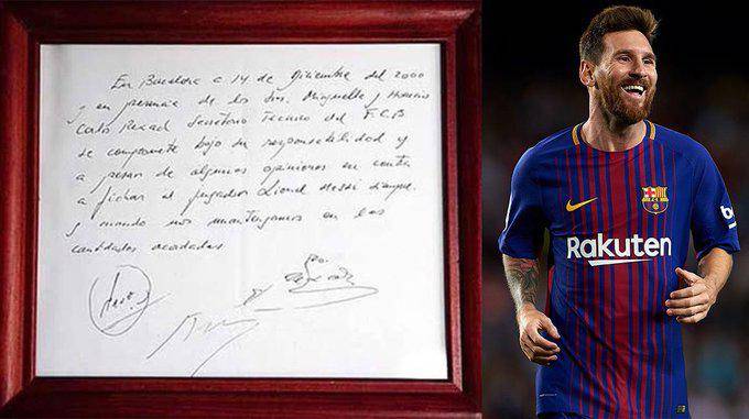 La servilleta donde se plasmó el contrato que cambiaría la historia de Messi y el Barcelona.