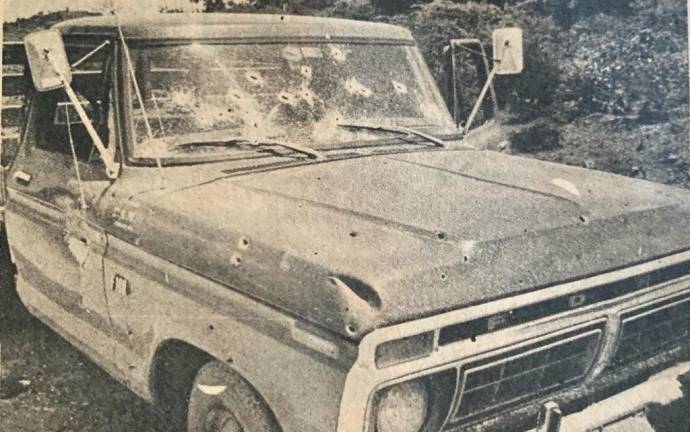 Así quedó una de las camionetas en las que iba el narcotraficante Pedro Avilés, quien murió en un enfrentamiento con agentes federales en 1978.