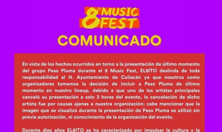 Comunicado emitido por los organizadores del “8 Music Fest”.