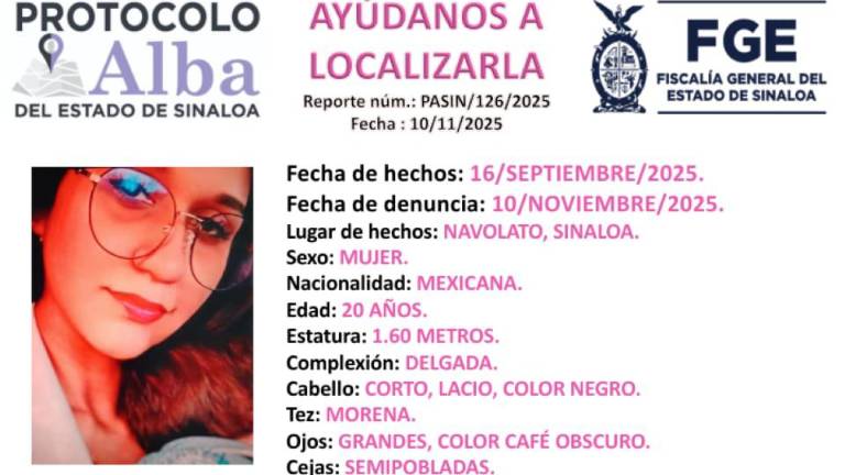 La FGE activó los protocolos de búsqueda para localizar a María Fernanda, desaparecida en Navolato. La FGE activó los protocolos de búsqueda para localizar a María Fernanda, desaparecida en Navolato.