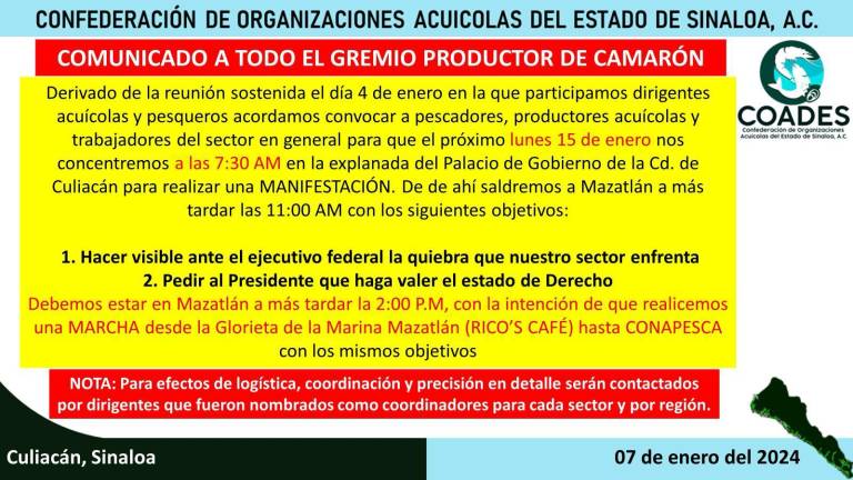 Convocan a productores de camarón afectados por crisis a plantarse en Palacio de Gobierno de Culiacán el lunes