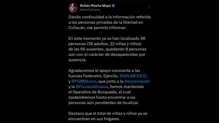 El total de niñas y niños retenidos en Culiacán ya se encuentra en sus hogares: Rocha Moya