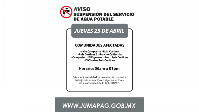 Suspenderán servicio de agua en ocho comunidades de Guasave, el jueves 25 de abril