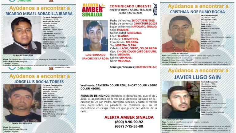 Autoridades emitieron fichas de búsqueda para localizar a las cinco personas desaparecidas en Navolato. Autoridades emitieron fichas de búsqueda para localizar a las cinco personas desaparecidas en Navolato.