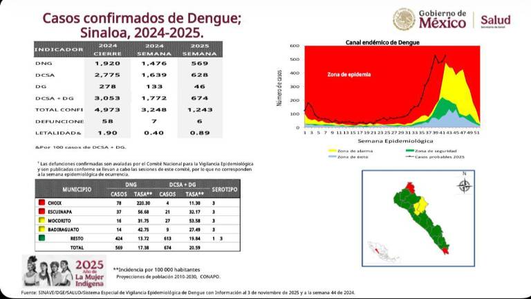 El informe federal indica que Sinaloa acumula mil 243 casos confirmados de dengue en 2025. El informe federal indica que Sinaloa acumula mil 243 casos confirmados de dengue en 2025.