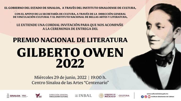 Este miércoles 29 se entregará el Premio Nacional de Literatura Gilberto Owen 2022
