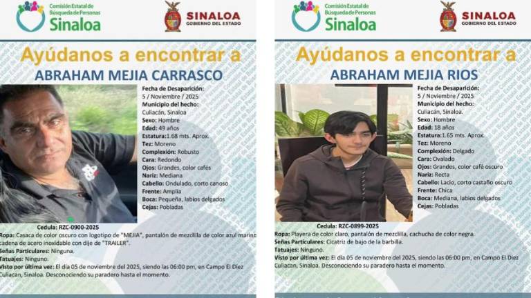 Autoridades estatales activaron fichas de búsqueda para la localización de padre e hijo desaparecidos en Campo El Diez. Autoridades estatales activaron fichas de búsqueda para la localización de padre e hijo desaparecidos en Campo El Diez.