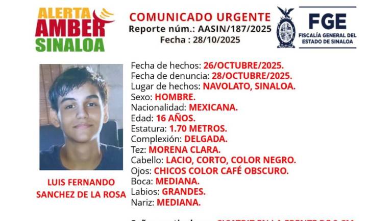 Luis Fernando de 16 años, desapareció en el municipio de Navolato. Luis Fernando de 16 años, desapareció en el municipio de Navolato.