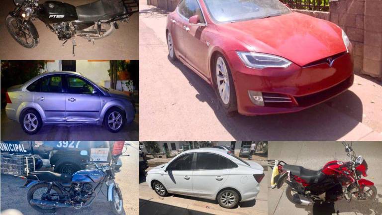 Relación de vehículos recuperados por la Policía Municipal de Culiacán, entre ellos un Tesla.