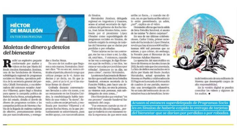 En su columna de El Universal, Héctor de Mauleón expone supuestos desvíos de recursos del Bienestar en Sinaloa.