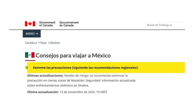 Alerta de viaje del Gobierno de Canadá, donde hace énfasis de la precaución en Mazatlán. Alerta de viaje del Gobierno de Canadá, donde hace énfasis de la precaución en Mazatlán.