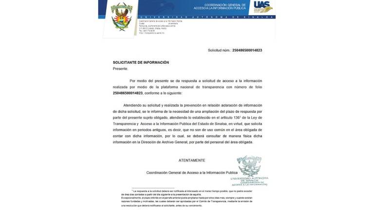 Respuesta de la Universidad Autónoma de Sinaloa a la solicitud de información sobre la situación laboral de los hijos de Héctor Melesio Cuén Ojeda.