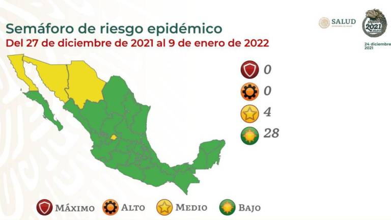 México iniciará 2022 con 28 estados en verde, Sinaloa entre ellos y 4 en amarillo en semáforo por Covid