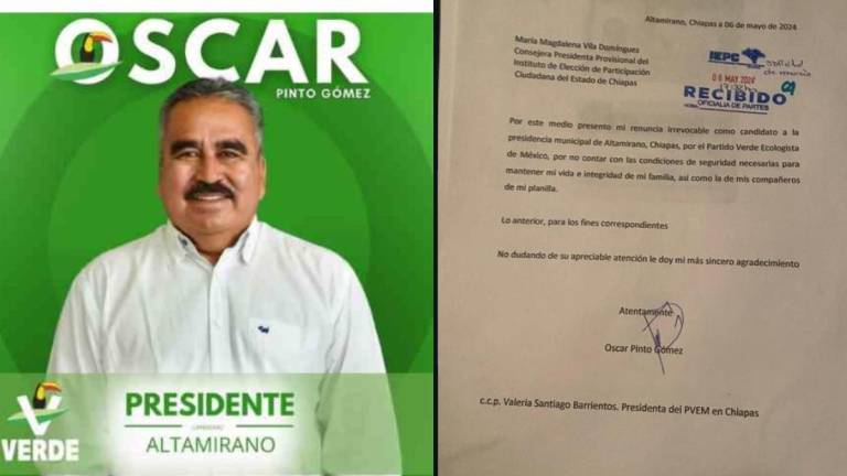 Óscar Pinto Gómez renunció a la candidatura a la Alcaldía de Altamirano, en Chiapas, argumentando falta de seguridad.