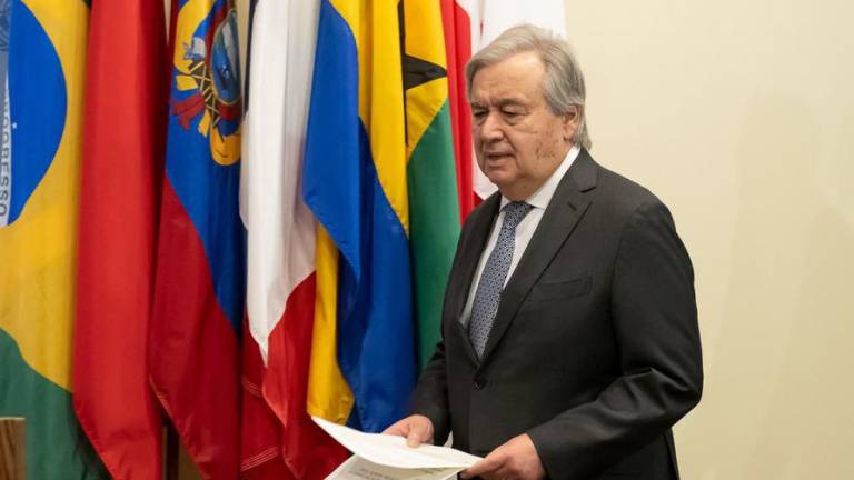 El Secretario General de la ONU, António Guterres, se dirige al punto de prensa del Consejo de Seguridad para dirigirse a los periodistas.