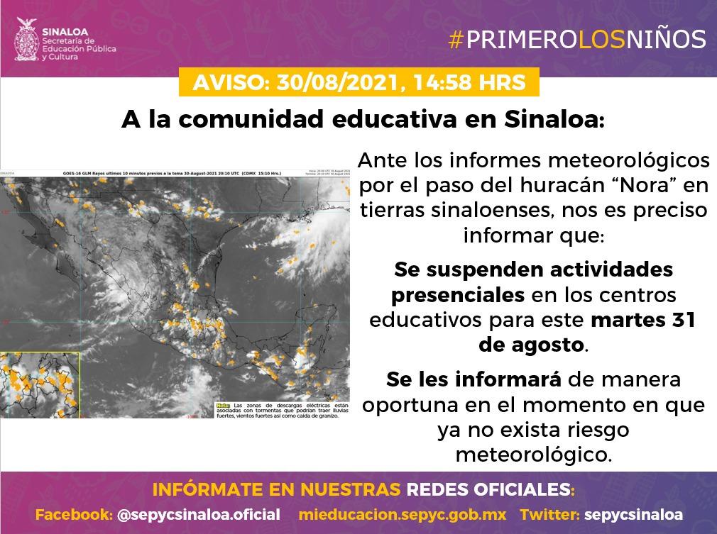$!Por paso de tormenta ‘Nora’ continúa suspensión de clases presenciales para este martes en Sinaloa
