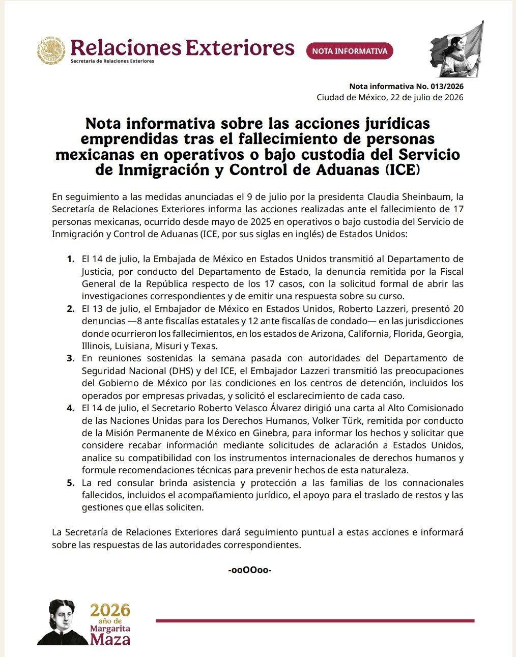 $!México presenta 20 denuncias en EU por muerte de 17 connacionales bajo custodia de ICE