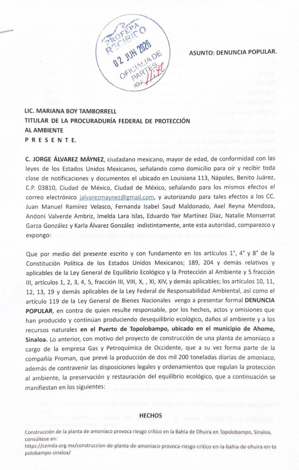 $!Presenta Máynez denuncia ante Profepa contra planta de amoniaco en Topolobampo