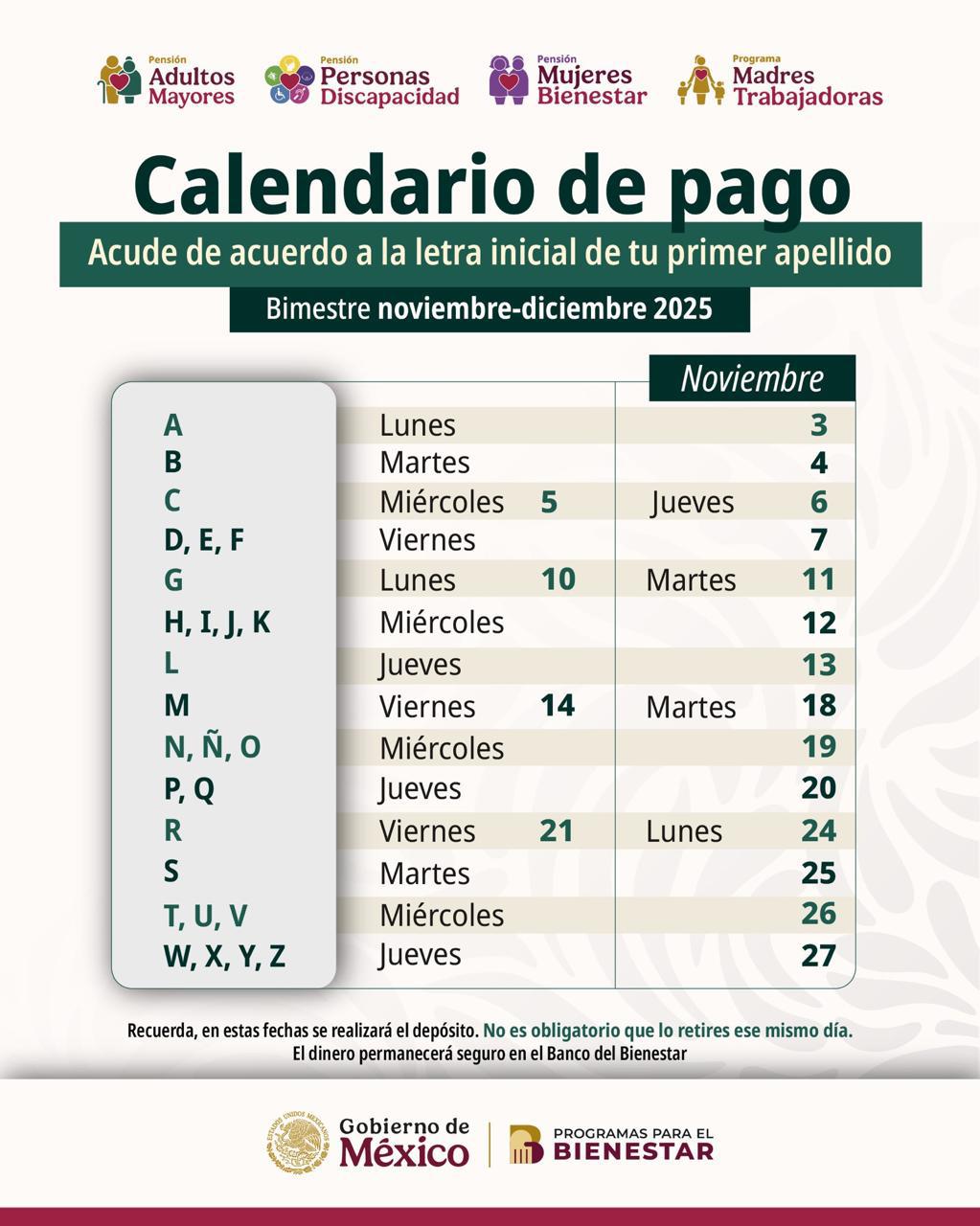 $!Este es el calendario de pago para las Pensiones del Bienestar de noviembre-diciembre