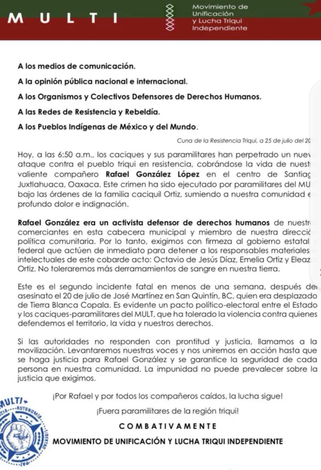 $!Asesinan a activista y líder de movimiento Triqui en Juxtlahuaca, Oaxaca
