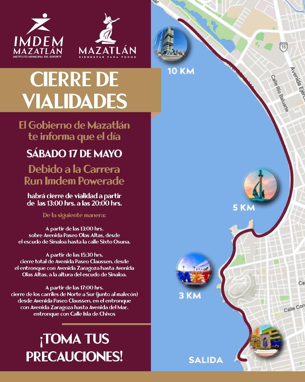 $!¡Prevéngase! Habrá cierres viales en Mazatlán este sábado por la Carrera Run Imdem