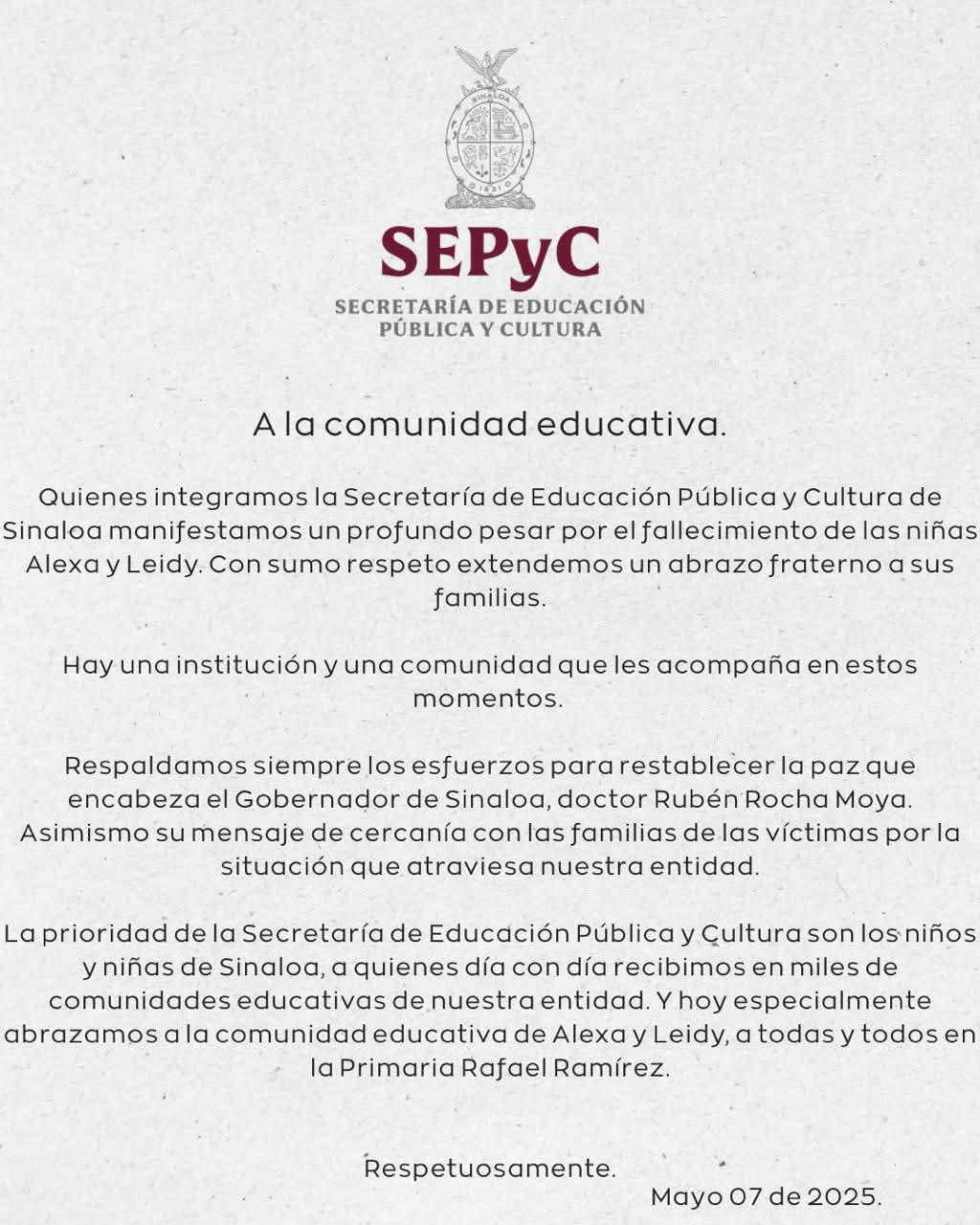 $!SEPyC Sinaloa lamenta asesinato de dos niñas en Badiraguato