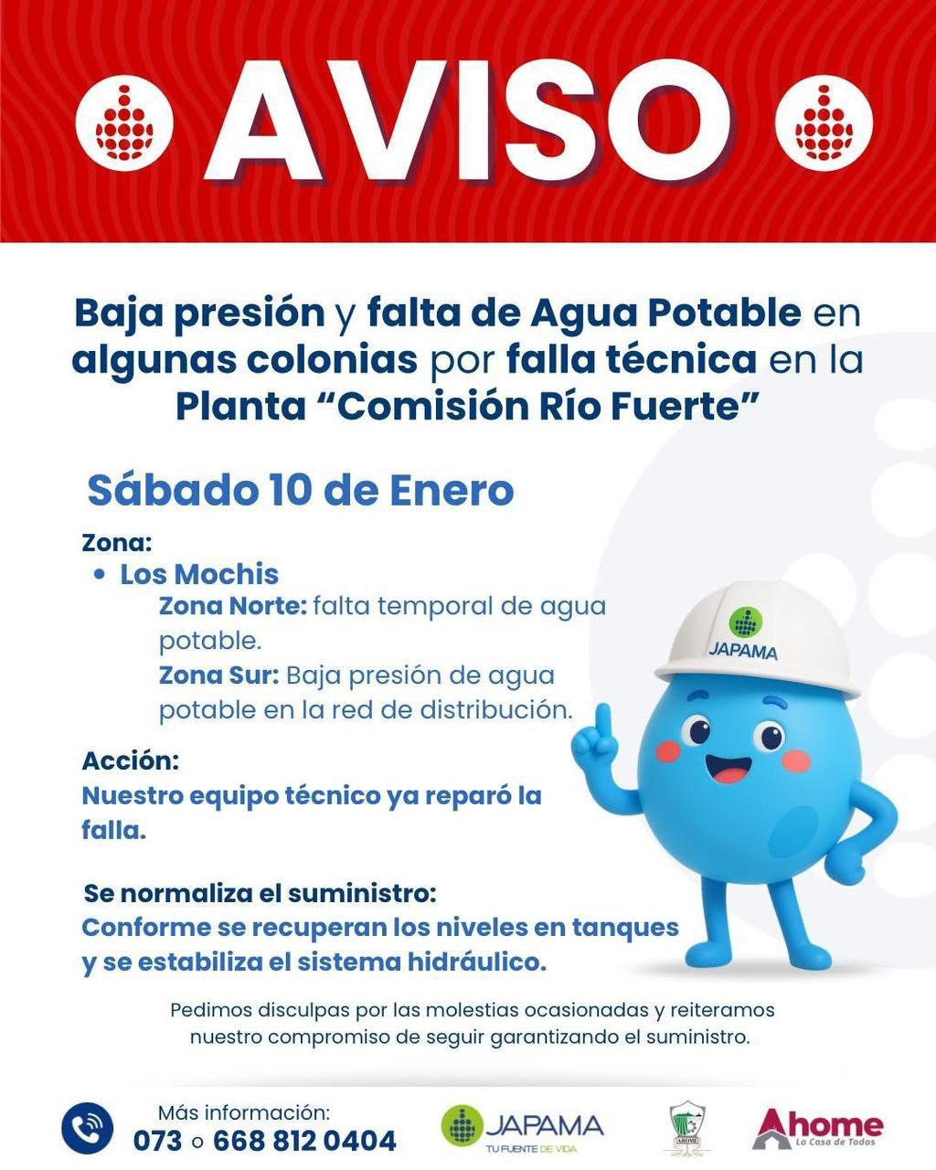 $!Reportan baja presión en norte y sur de Los Mochis, tras falla en suministro de agua en la Planta Potabilizadora Río Fuerte