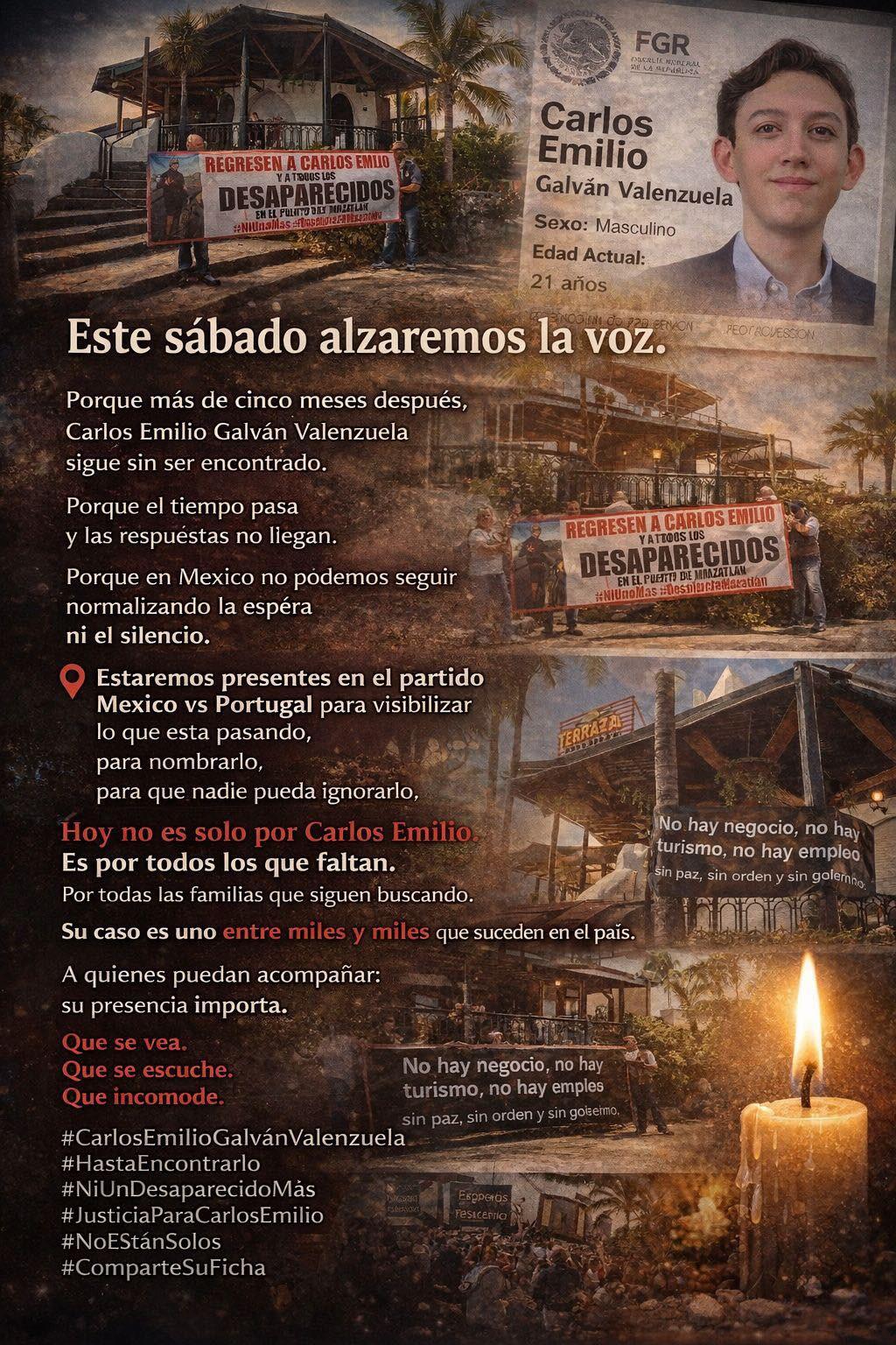 $!Alzarán la voz por Carlos Emilio, desaparecido en Mazatlán, en el partido México contra Portugal este sábado