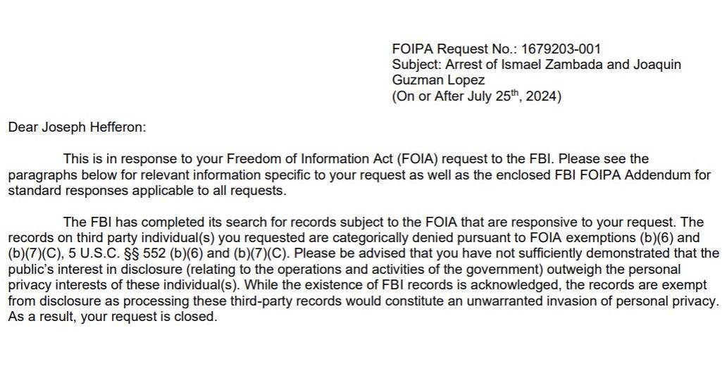 $!FBI reconoce que tiene registros del arresto de ‘El Mayo’ en EU, pero los niega