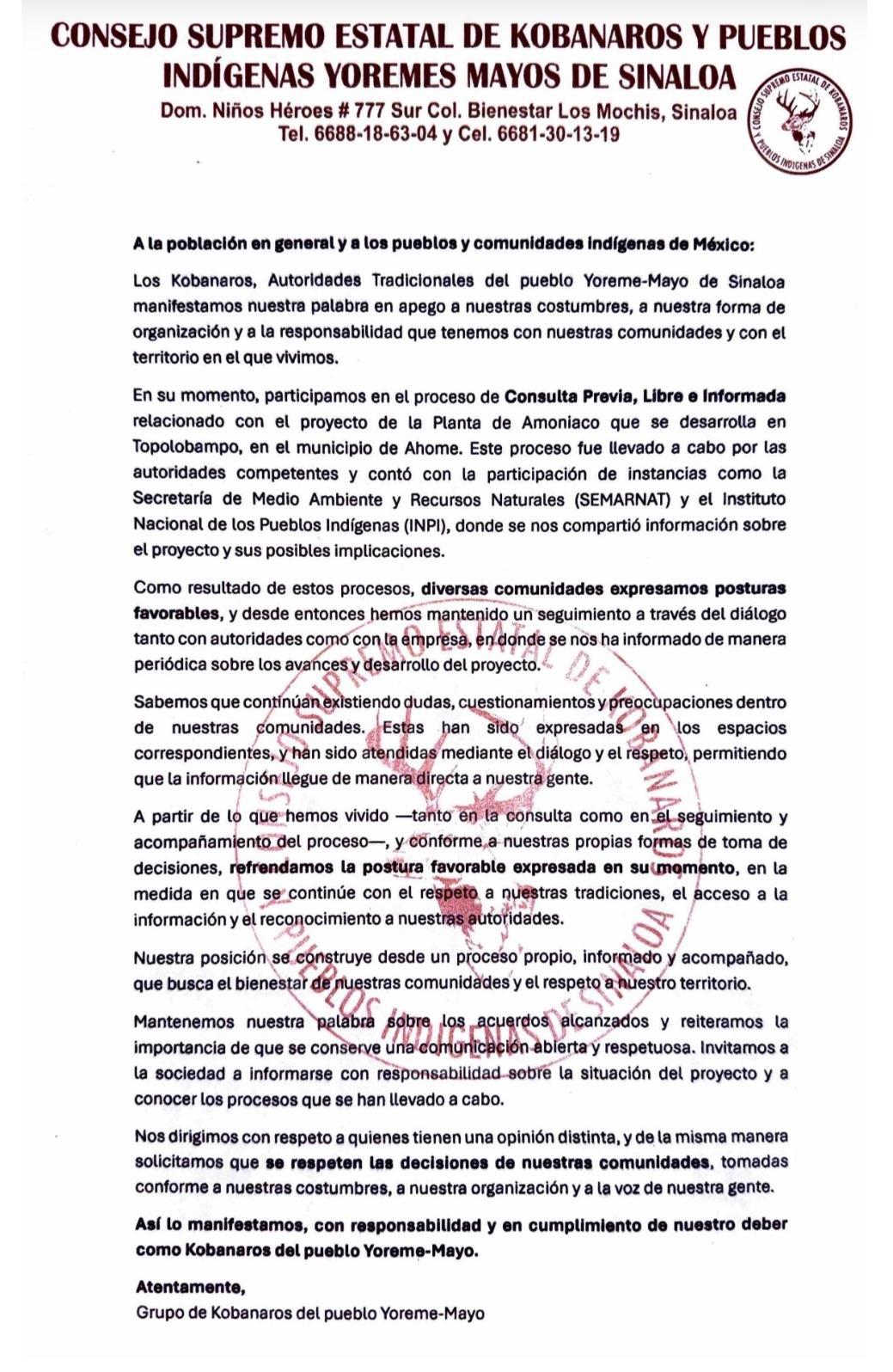 $!Kobanaros Yoreme-Mayo exigen respeto a consulta indígena; avalan construcción de planta de amoníaco en Topolobampo