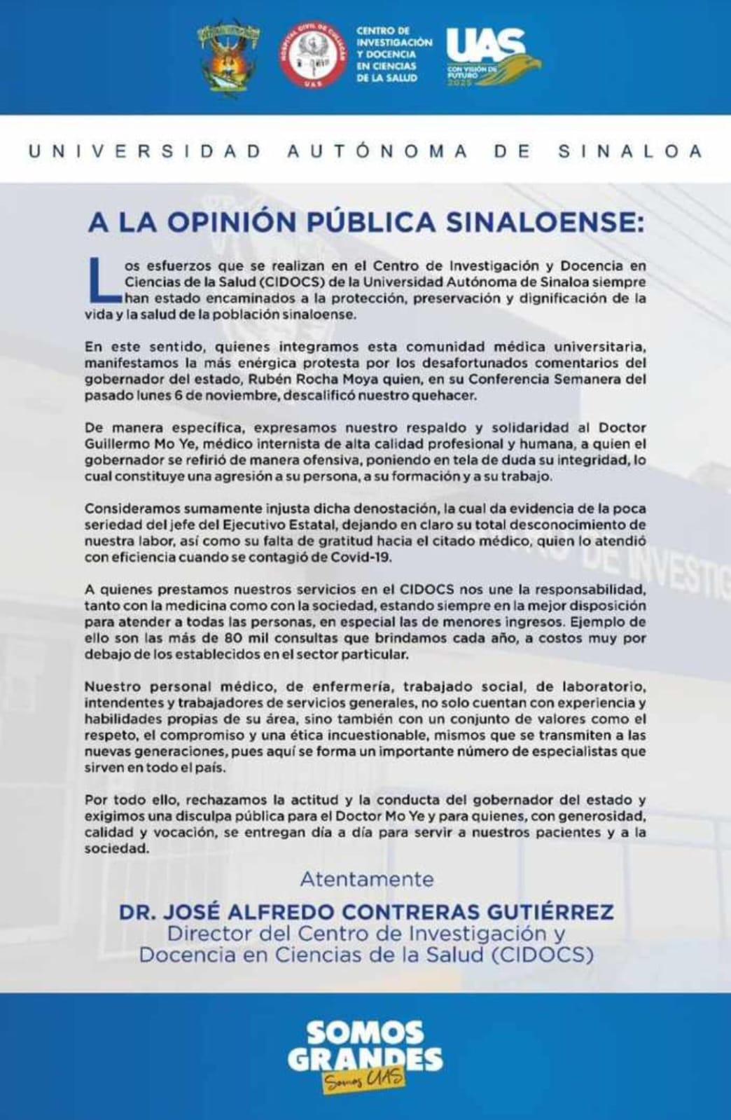 $!Médicos del Hospital Civil respaldan a doctor por denostaciones hechas por Rocha Moya