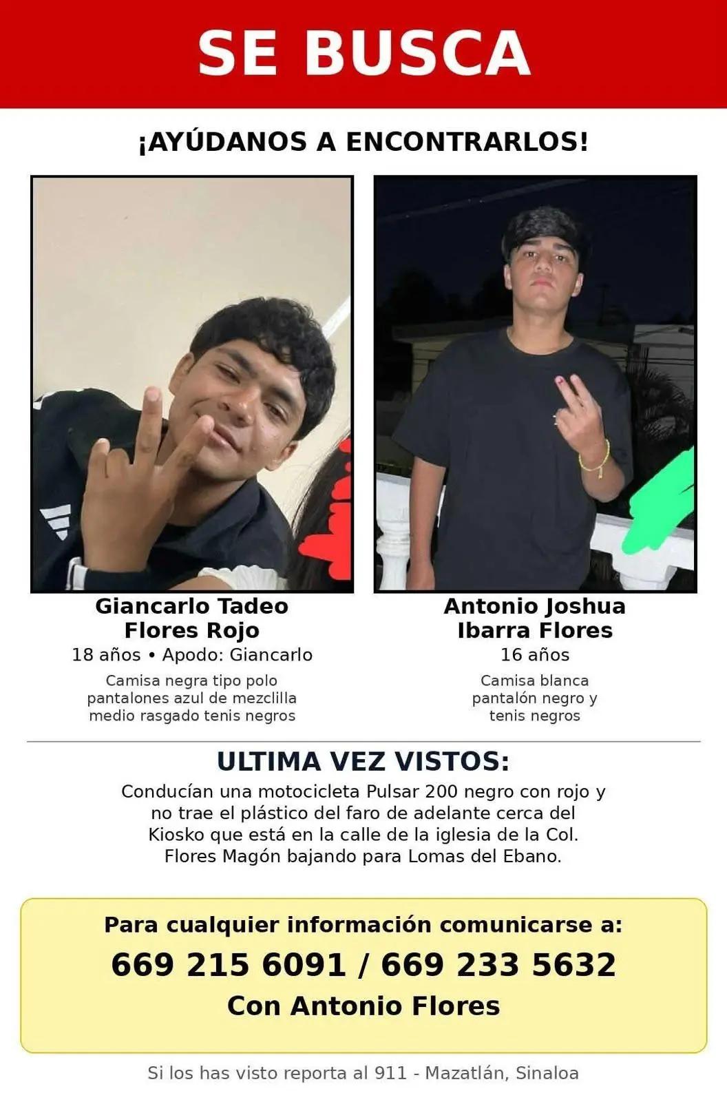 $!Buscan a Giancarlo y Antonio Joshua, jóvenes desaparecidos en Mazatlán