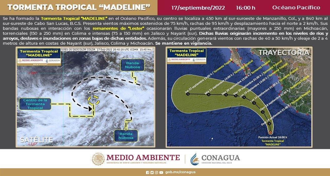 $!Se forma la tormenta tropical Madeline en el Océano Pacífico; se mantiene frente a Colima
