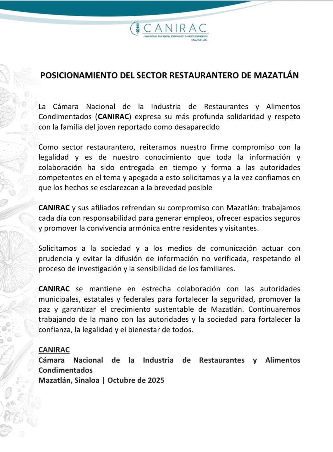 $!Llama Canirac Mazatlán a respetar investigación y a familia de joven de Durango desaparecido