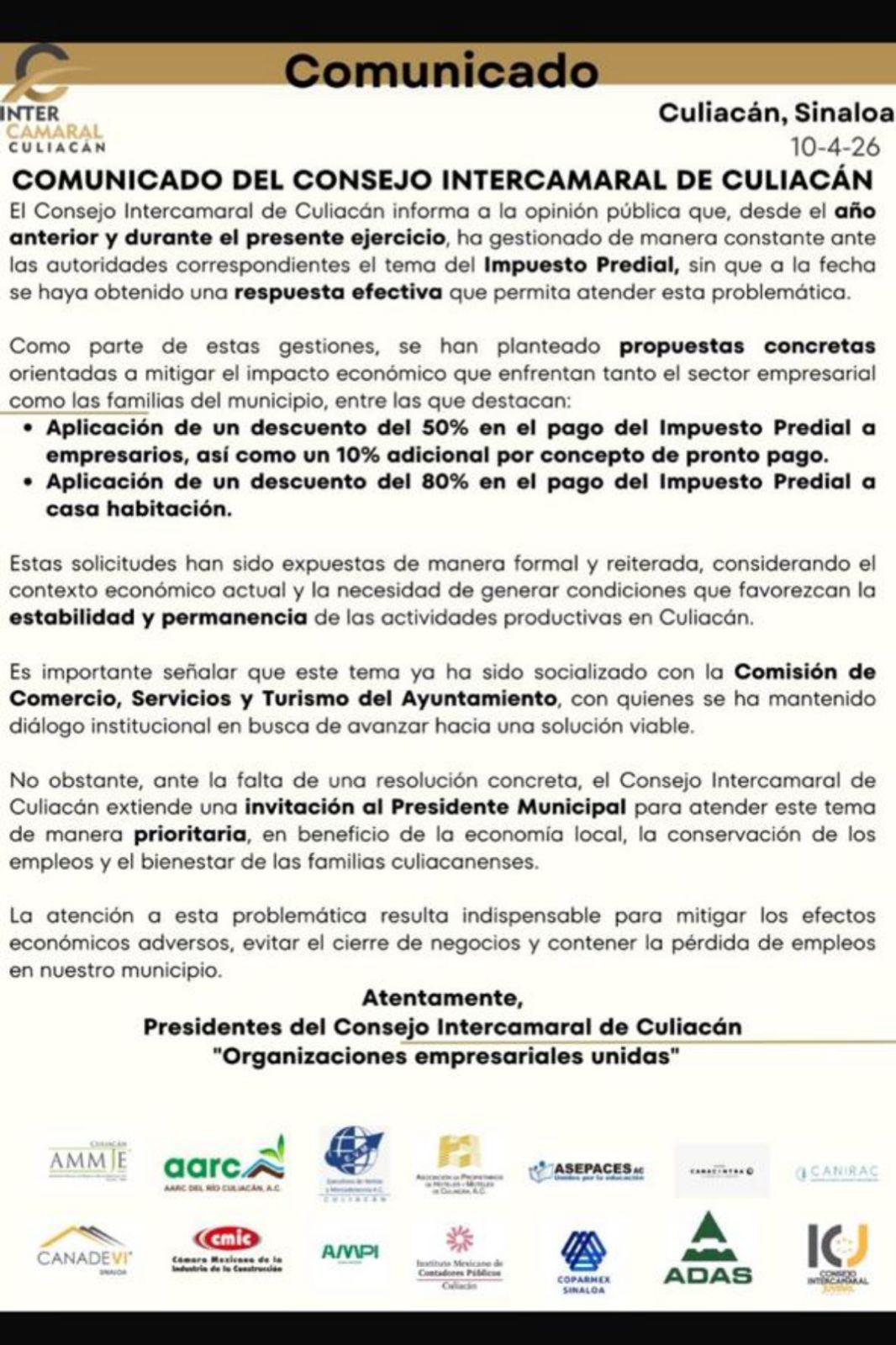 $!Exige Intercamaral de Culiacán descuentos al Predial; advierten riesgo en estabilidad de las empresas