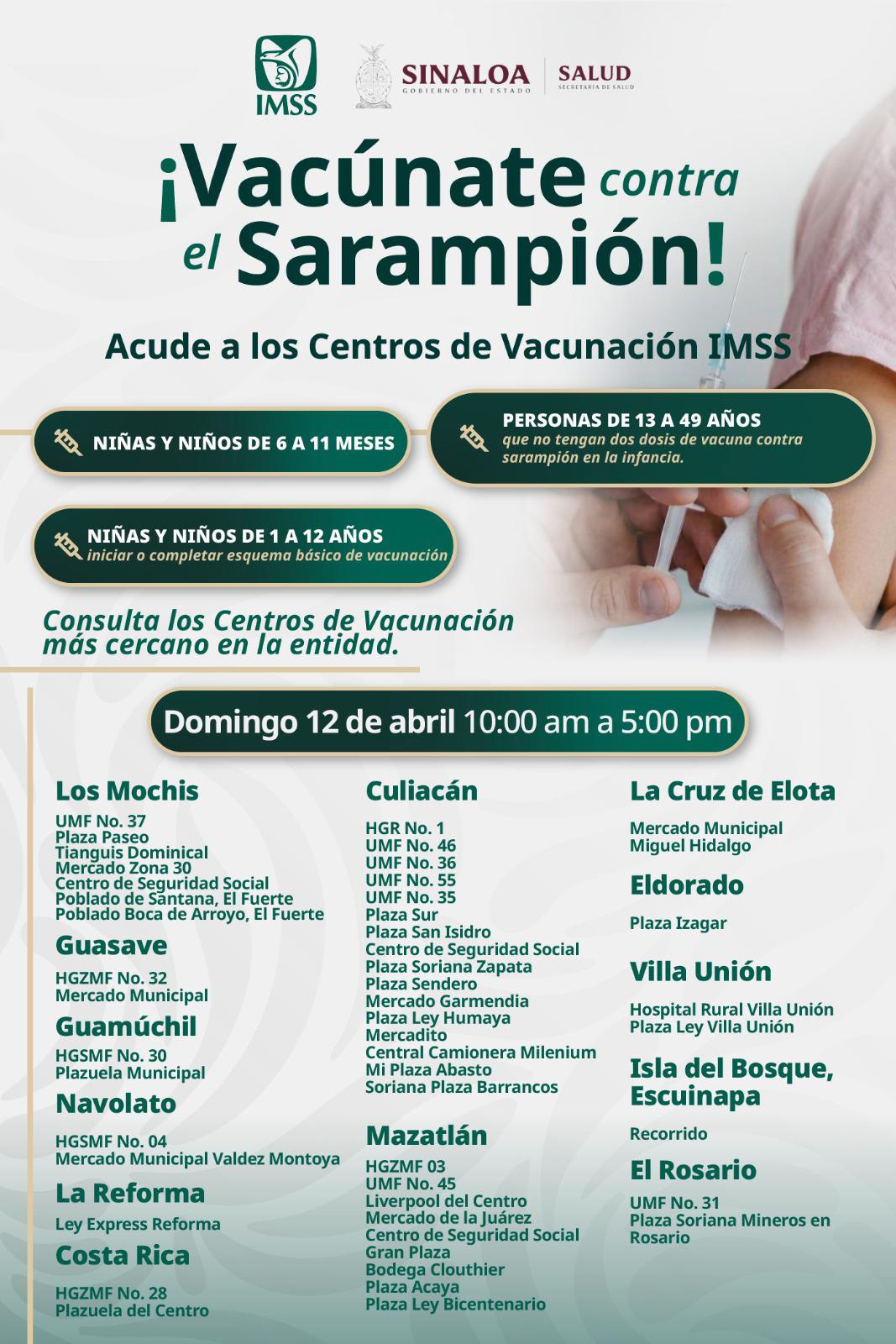 $!Llama IMSS Sinaloa a vacunarse contra el sarampión en macromódulos este sábado y domingo
