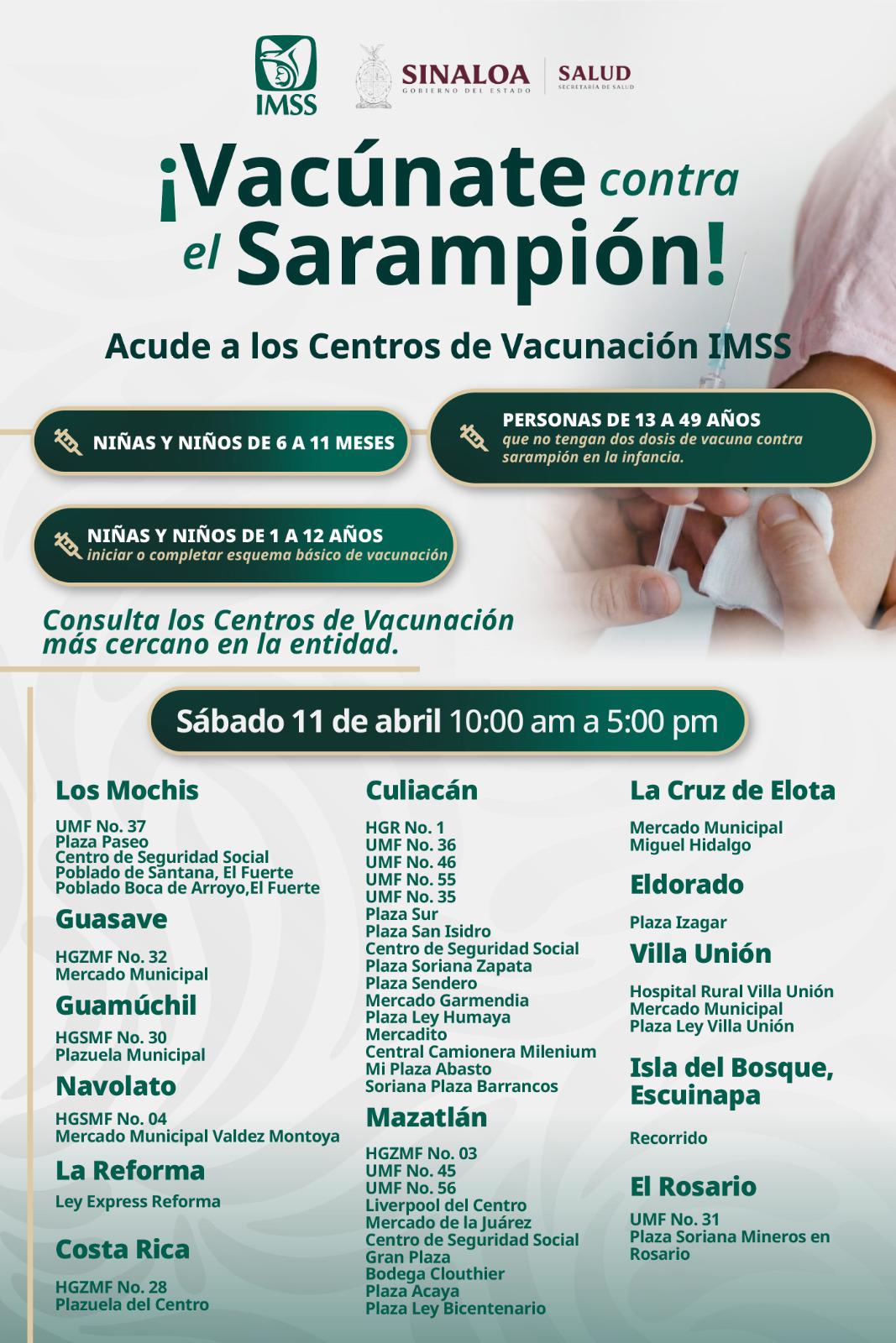 $!Llama IMSS Sinaloa a vacunarse contra el sarampión en macromódulos este sábado y domingo