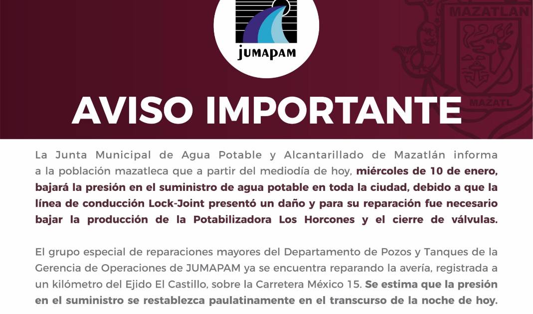 Daño en tubería baja suministro de agua potable en todo Mazatlán