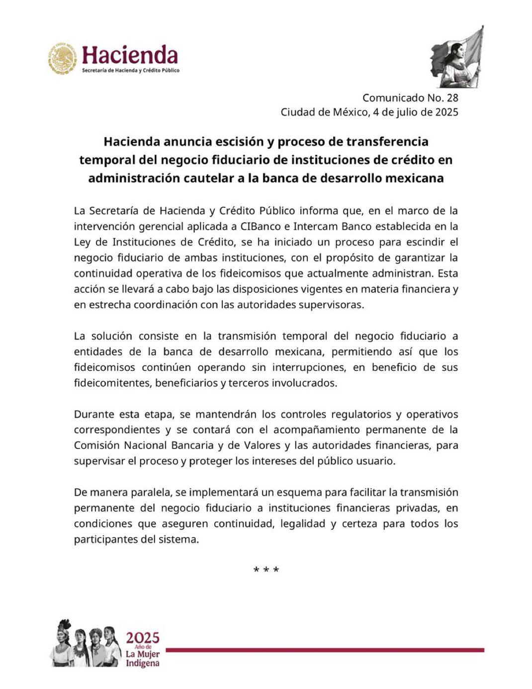 $!Hacienda inicia transferencia fiduciaria de CIBanco e Intercam para garantizar operatividad