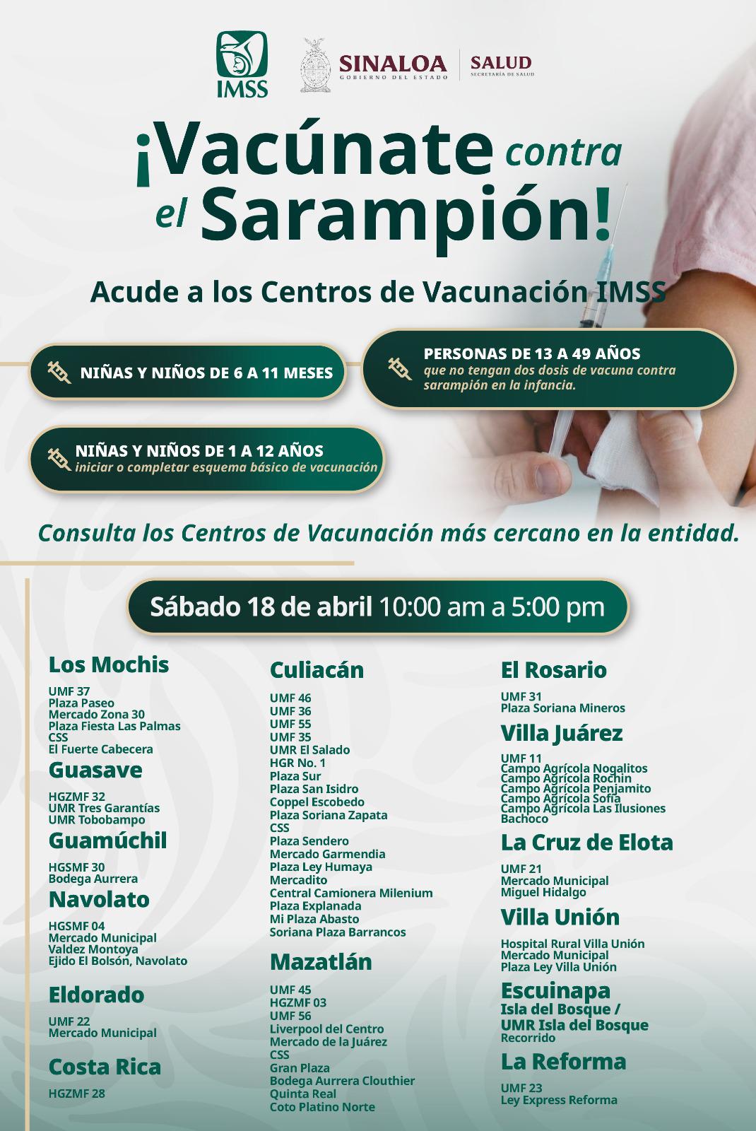$!Refuerza IMSS Sinaloa vacunación contra sarampión; anuncia otra jornada para este sábado y domingo