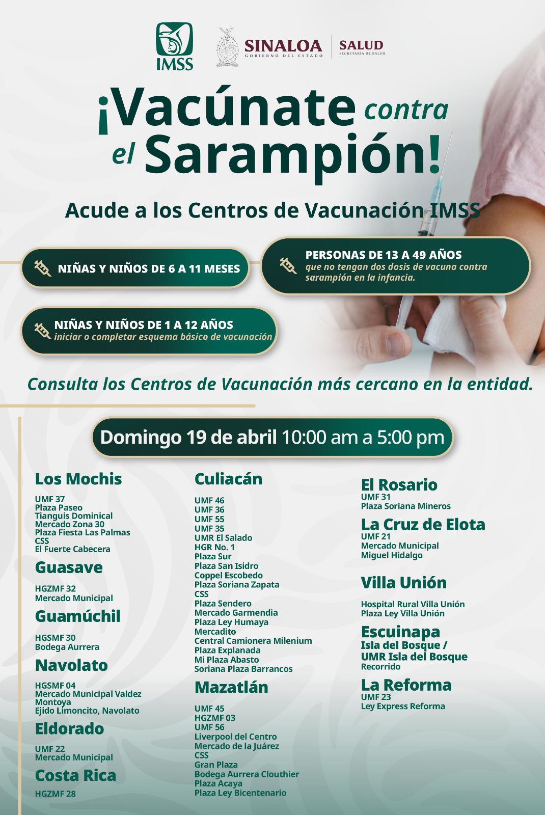 $!Refuerza IMSS Sinaloa vacunación contra sarampión; anuncia otra jornada para este sábado y domingo
