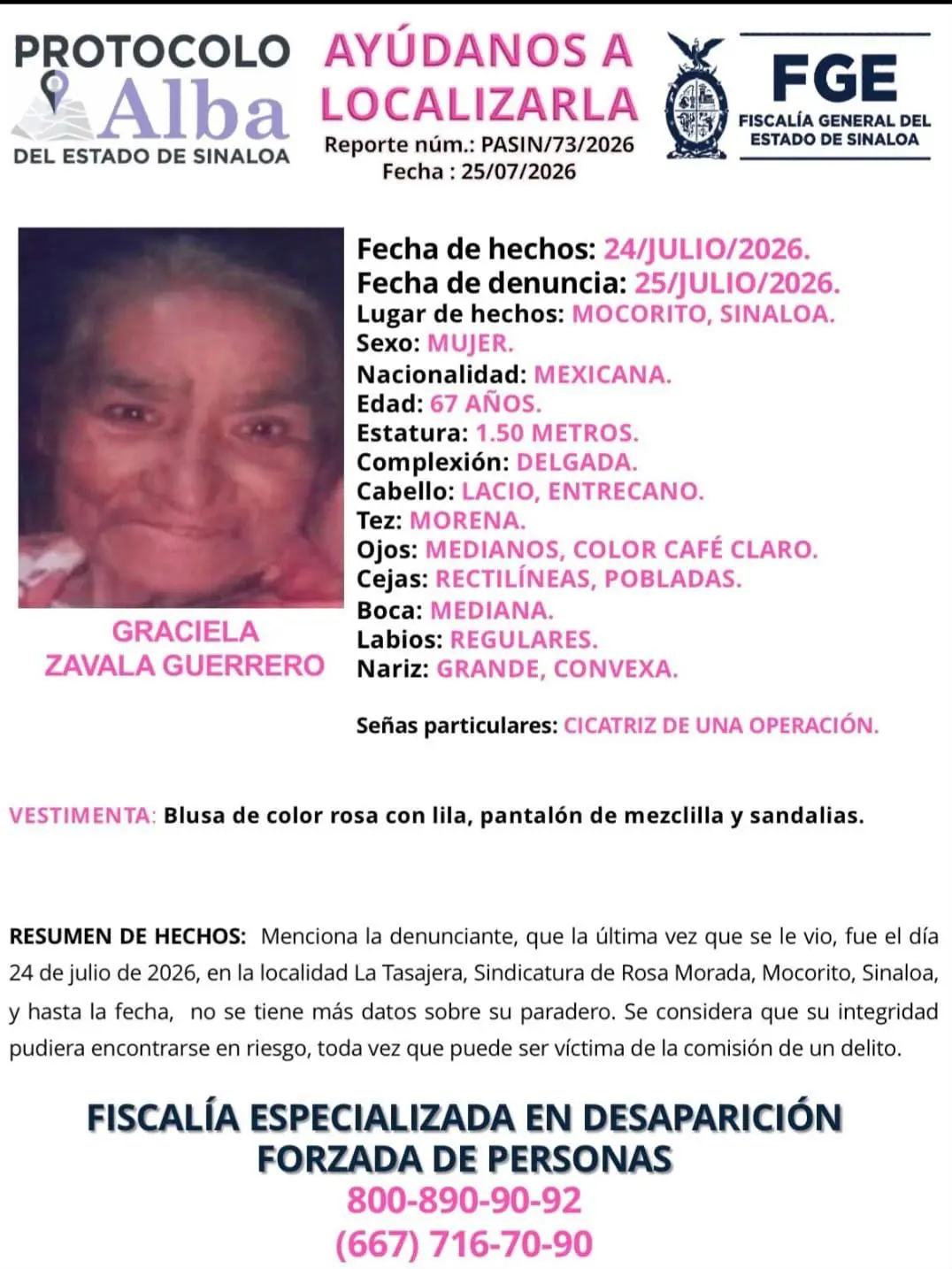 $!Buscan a Graciela, de 67 años, desaparecida en Mocorito