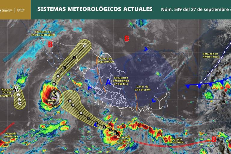 Dos sistemas tropicales permanecen activos en el Pacífico mexicano: el Huracán Polo y la recién formada depresión tropical Dieciocho-E.