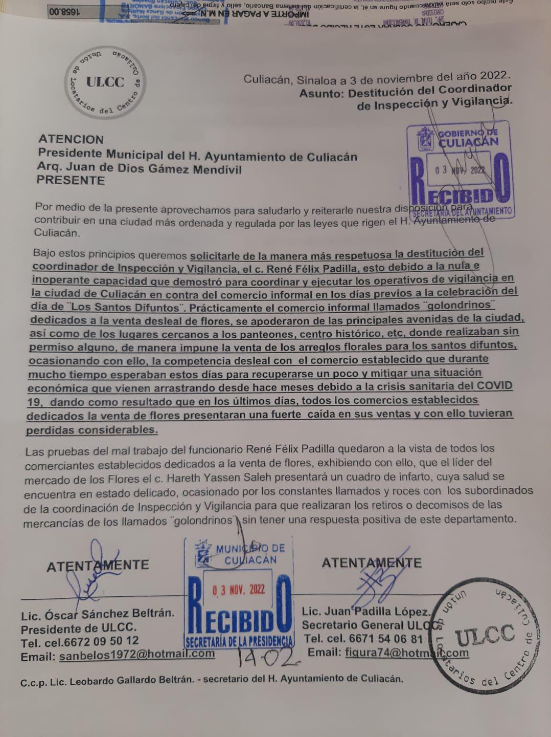 $!Documento presentado por la ULCC ante la Secretaría del Ayuntamiento
